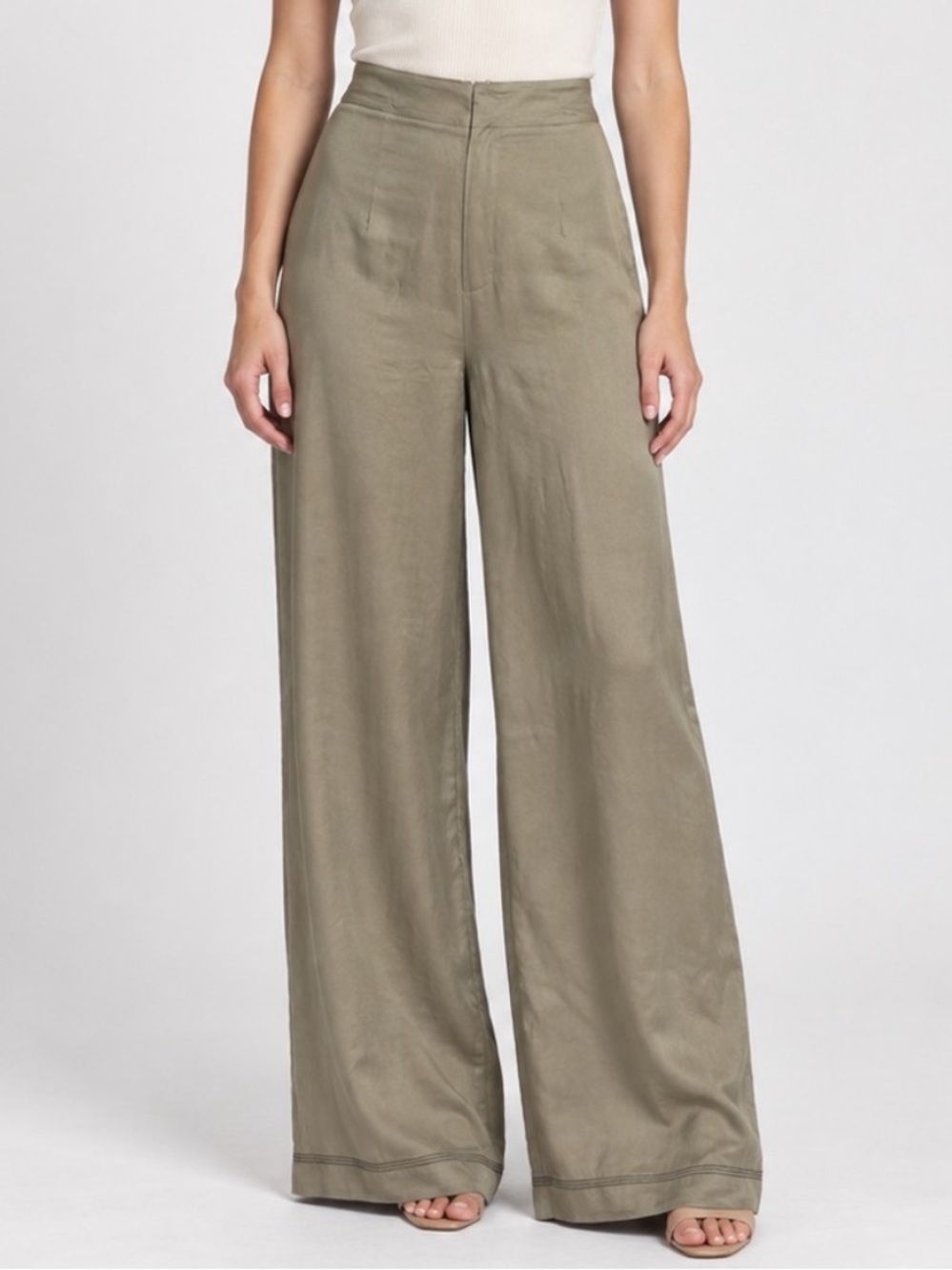 Bec + Bridge Olive Taupe Satin-like Wide Leg High Rise Pants Size 8 6133